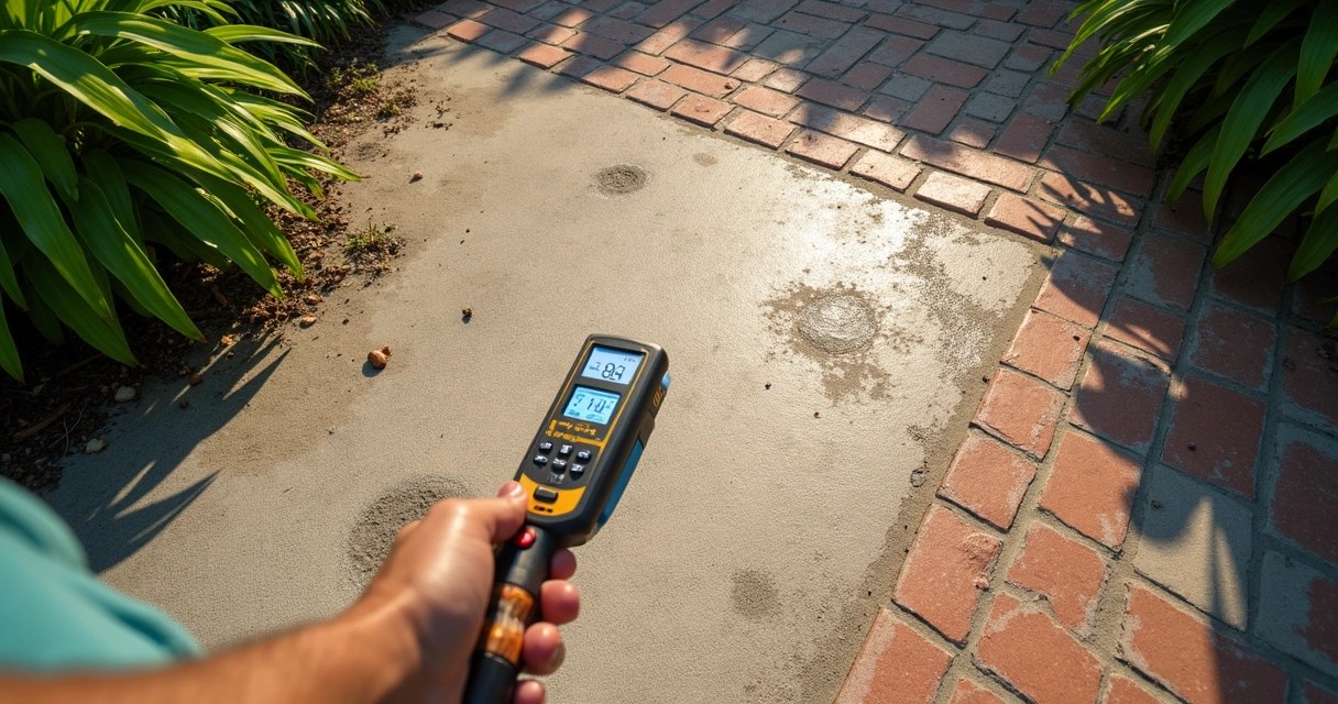 Person performing water test on patio surface with tools 