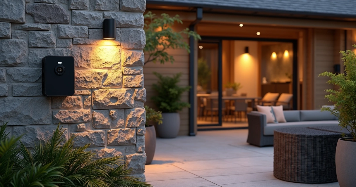 Outdoor patio with visible mesh WiFi device near seating area 