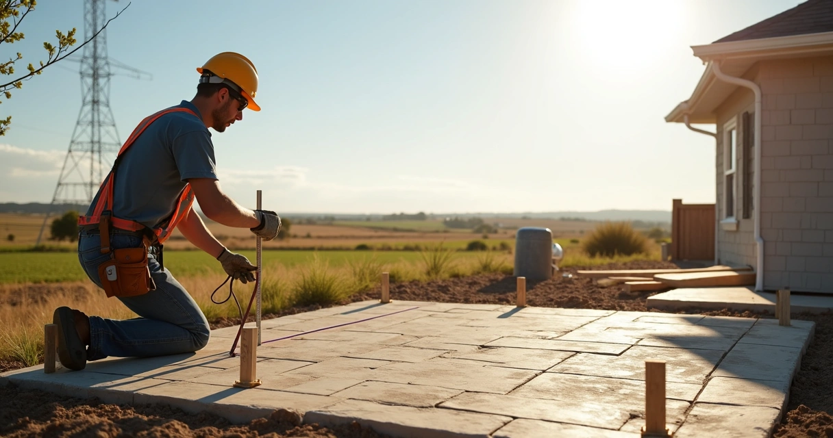 Contractor measuring and marking a patio foundation layout in a wind-exposed Florida backyard 