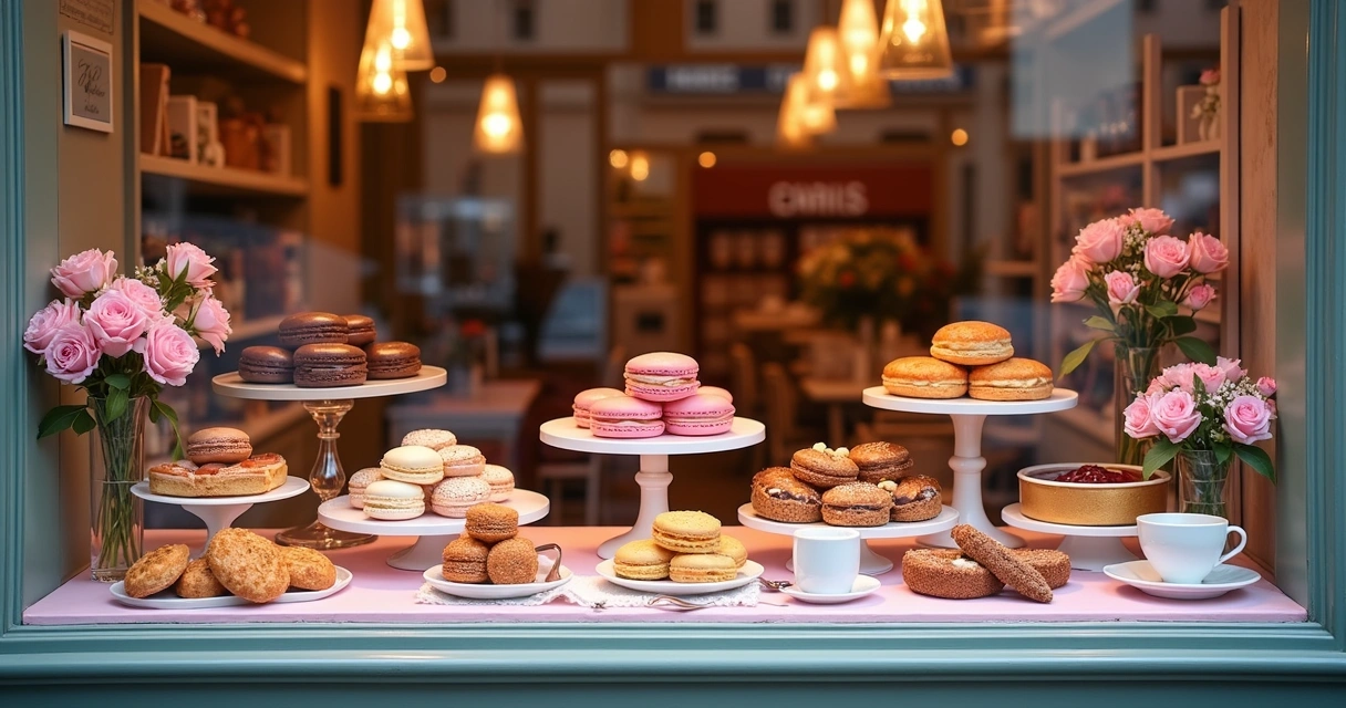 Doces franceses em uma vitrine de confeitaria tradicional em Paris.
