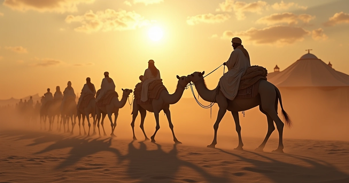 Abraão caminhando no deserto com família e tendas 