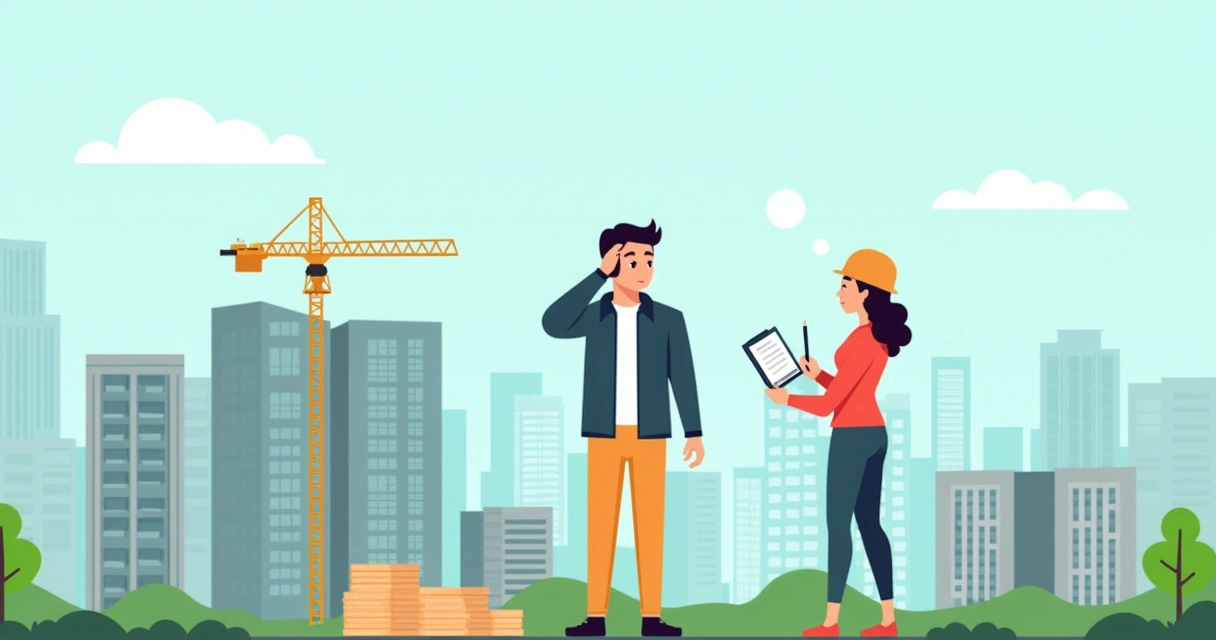 Homem analisando contrato de compra com patrimônio de afetação, ao lado de edifícios e gráficos financeiros ascendentes.