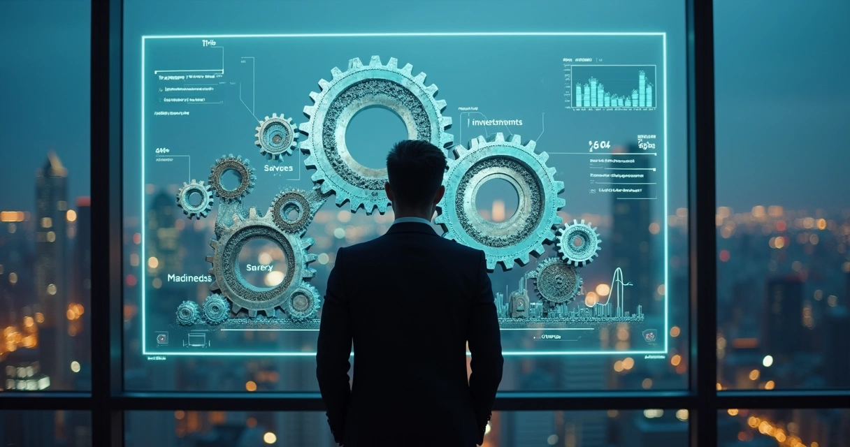 Profissional bem-sucedido observa engrenagens financeiras travadas em painel digital 