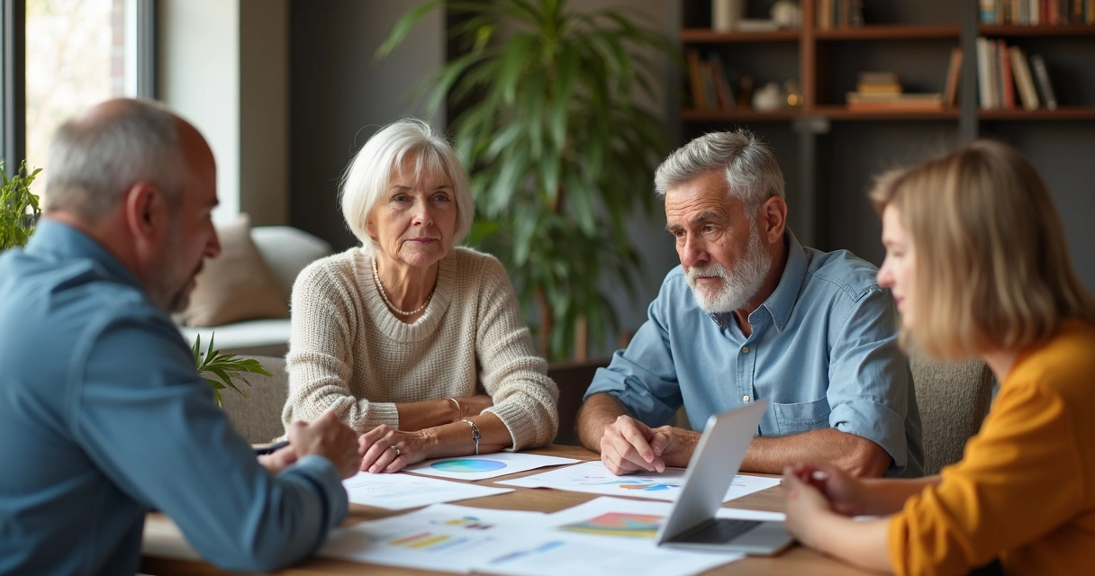 Família reunida em casa moderna, olhando documentos sobre patrimônio e sucessão 