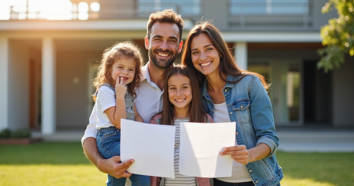 Família feliz segurando documentos de imóvel regularizado.