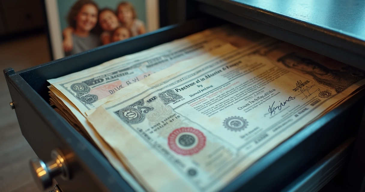Cofre aberto mostrando documentos e dinheiro organizados 