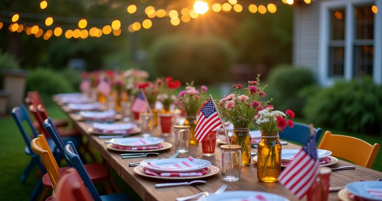 Patriotic table decor with red, white, and blue flowers, string lights, and place settings. 