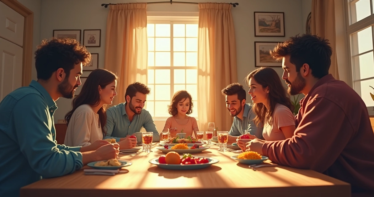 Representación gráfica de una familia sentada a la mesa, algunos muestran posturas abiertas y otros cerradas, todos con expresiones emocionales variadas. 