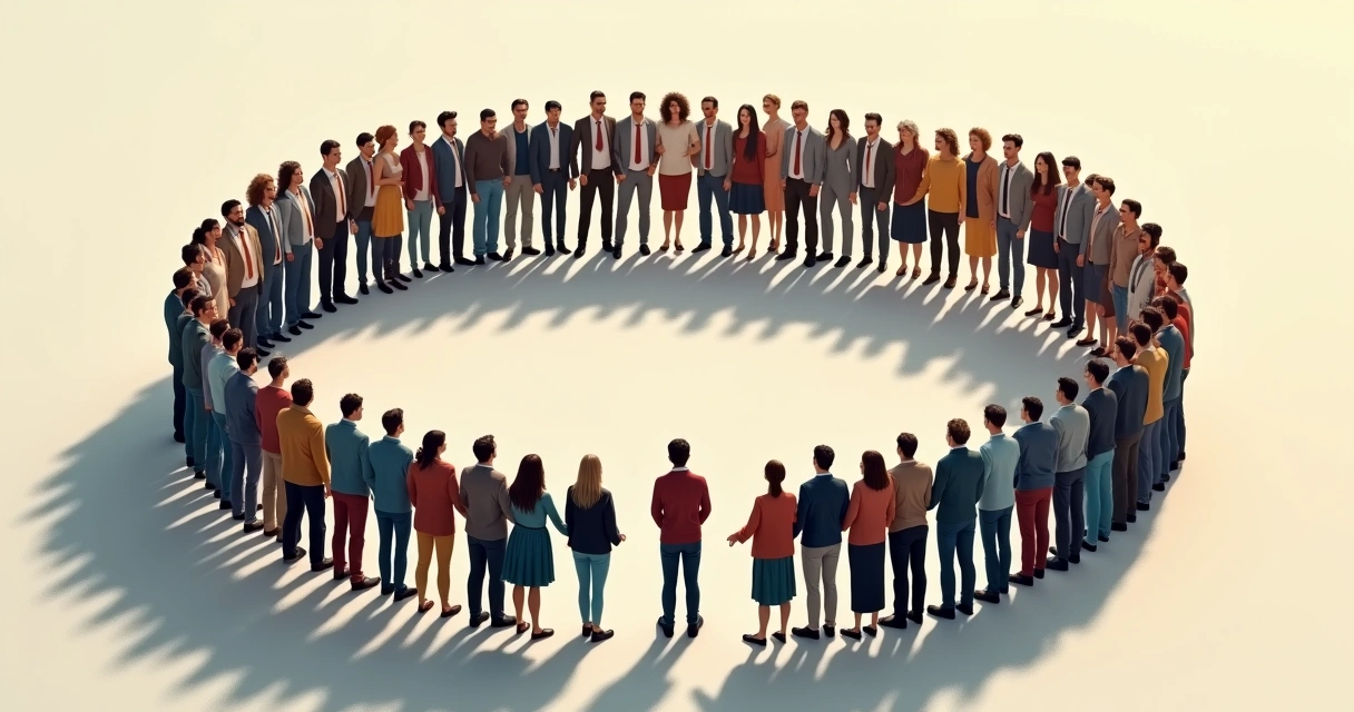 Ilustración de un grupo unido y una persona fuera del círculo