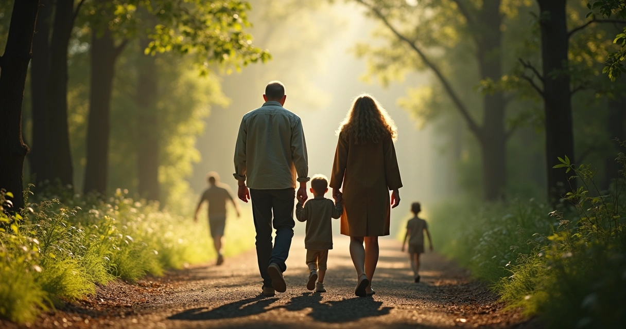 Ilustración de dos generaciones repitiendo un patrón al caminar 