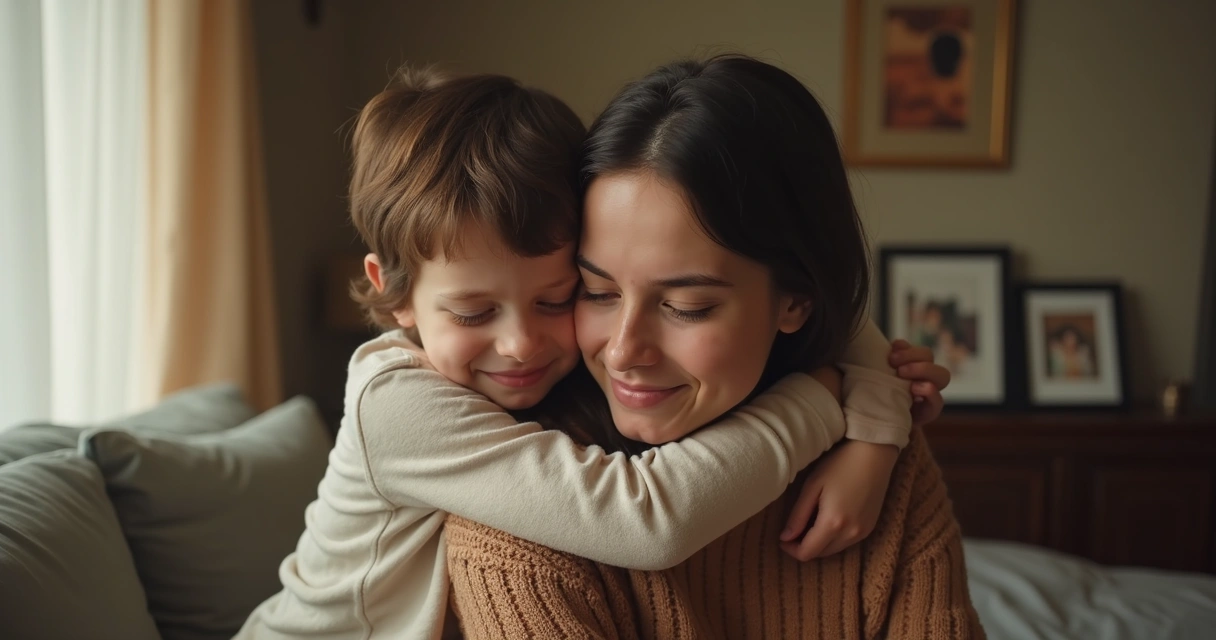 Niño abrazando a su madre en un salón con luz suave 