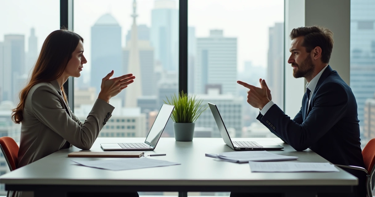 Dos personas discutiendo en una oficina, gesticulando con frustración 