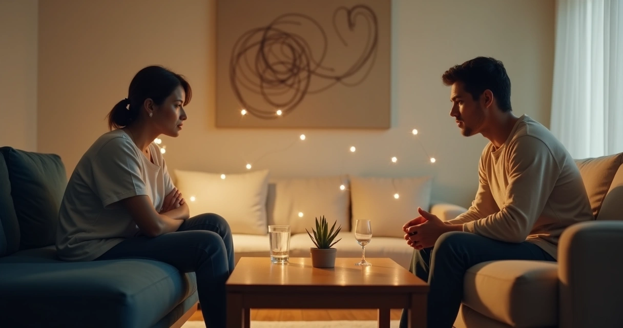 Pareja sentada en sofás separados en una sala con hilos luminosos entre ellos 