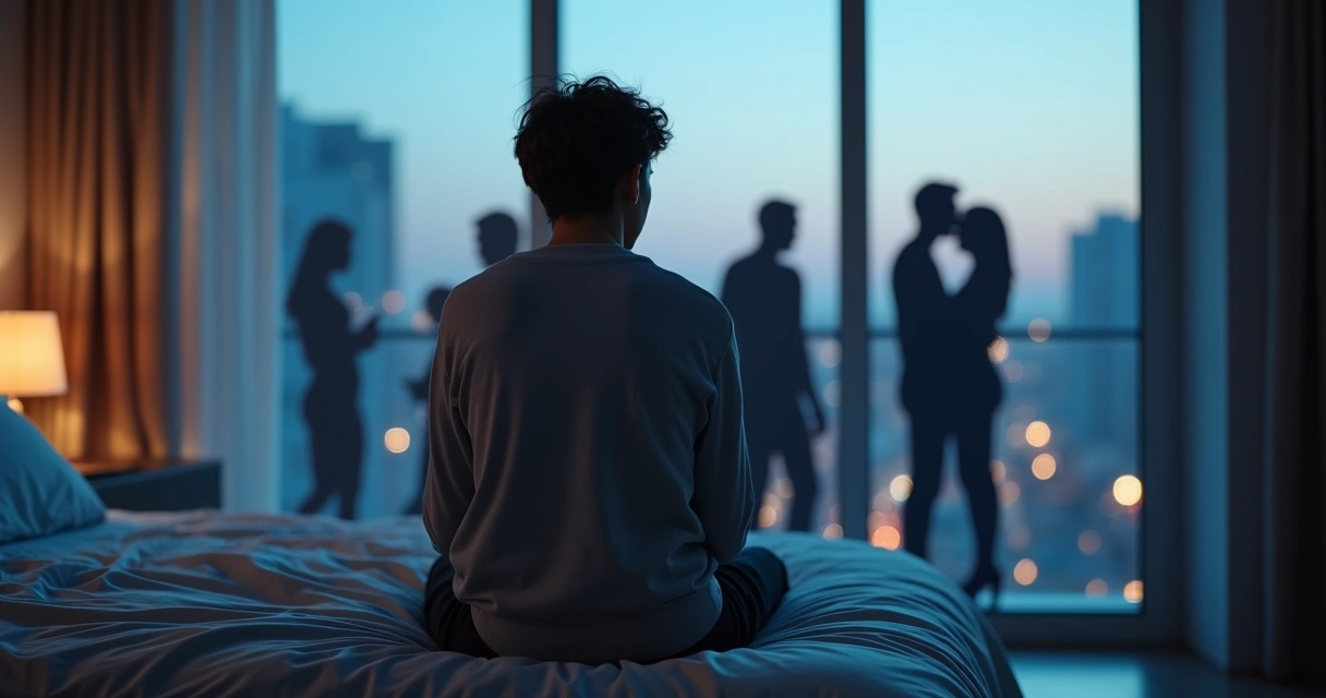 Persona reflexionando frente a siluetas repetidas de vínculos afectivos 