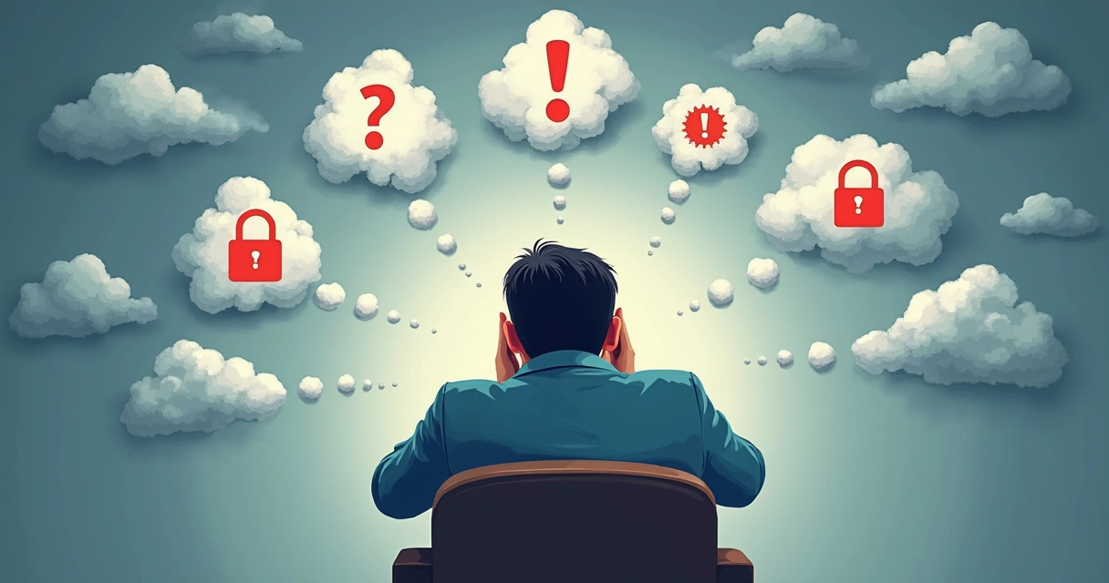 Ilustración de una persona rodeada de símbolos de duda y miedo 