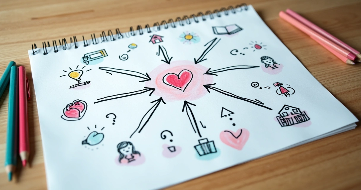 Papel con dibujos de flechas y líneas conectando eventos con símbolos de emociones y decisiones