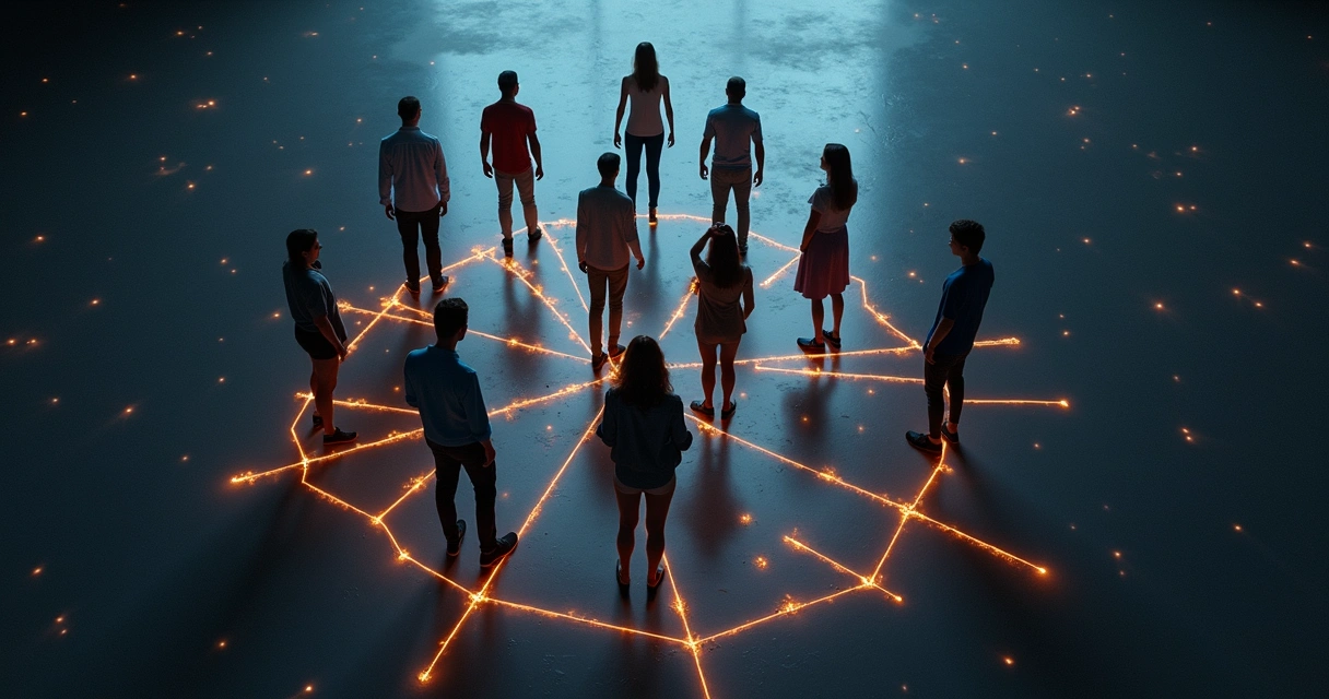 Personas conectadas por líneas luminosas en forma de constelación 