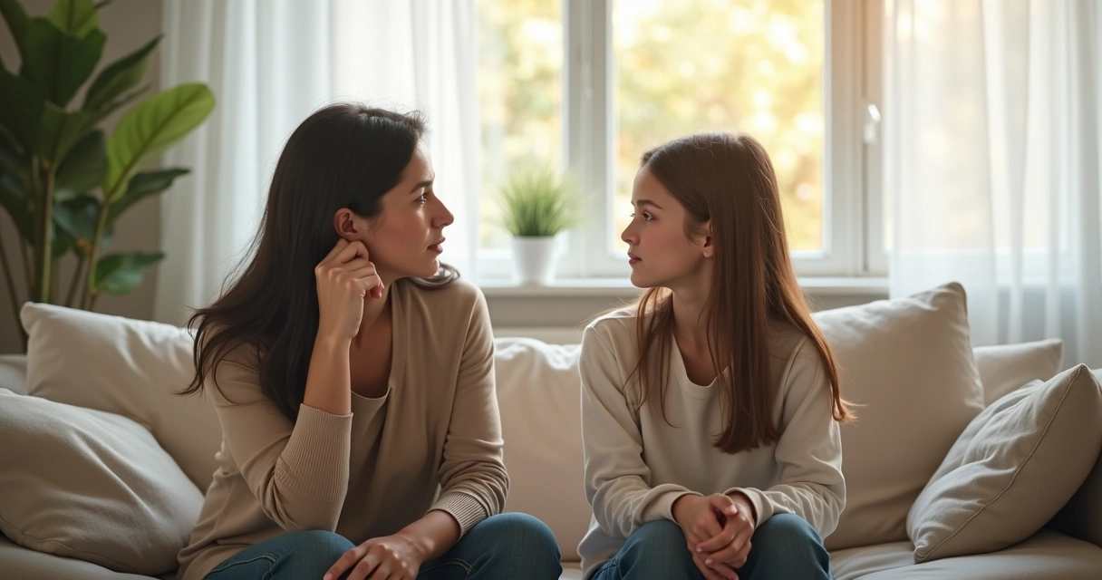 Madre e hija sentadas en silencio, distanciadas en una sala. 
