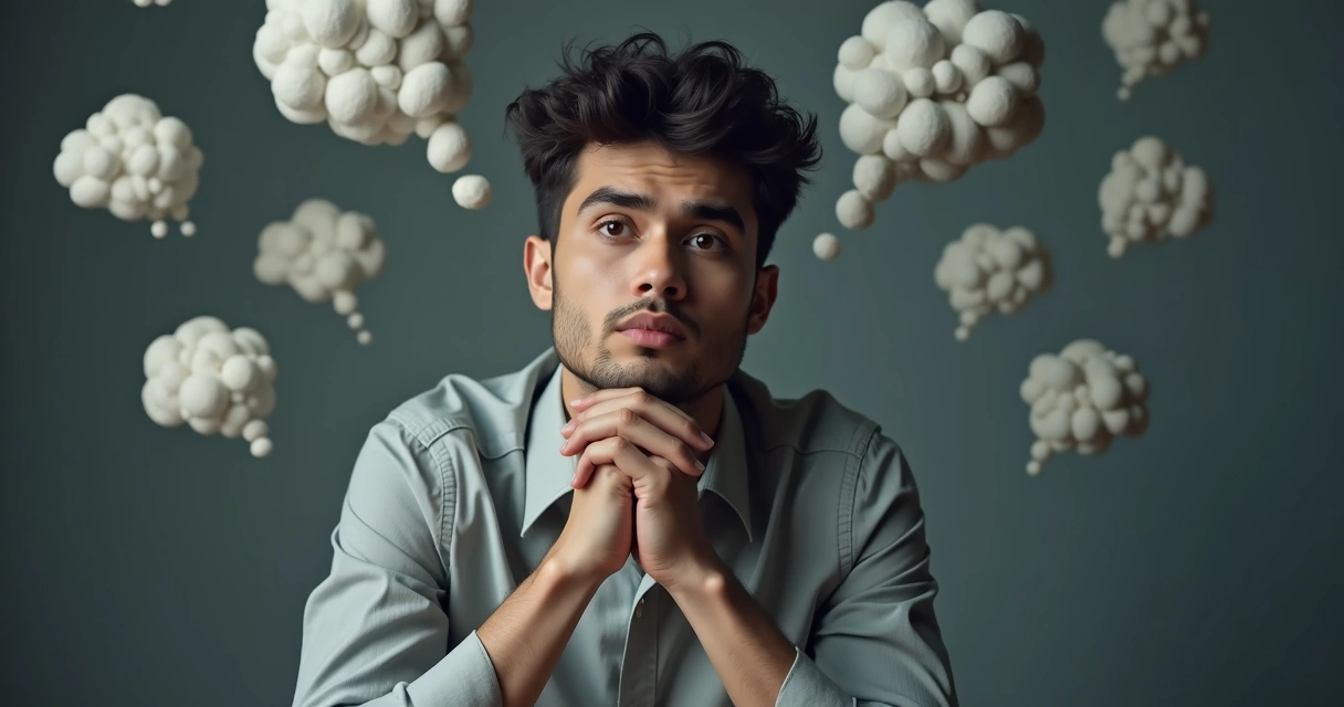 Persona con expresiones de reflexión analizando pensamientos, fondo neutro 