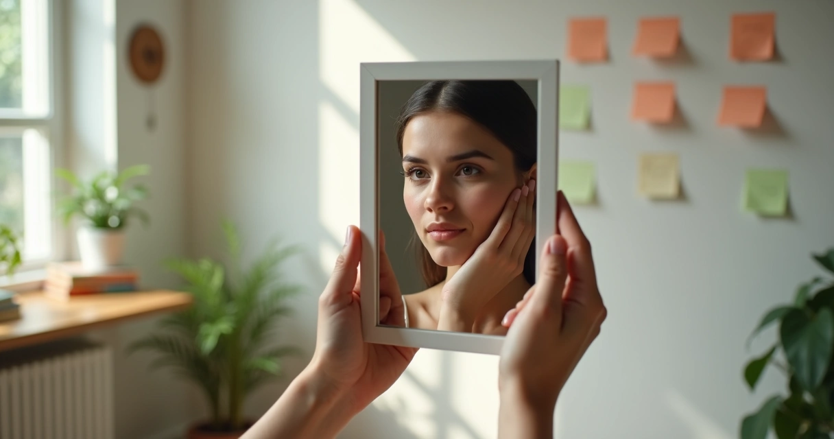 Mano sosteniendo un espejo, reflejando la imagen de una persona pensativa