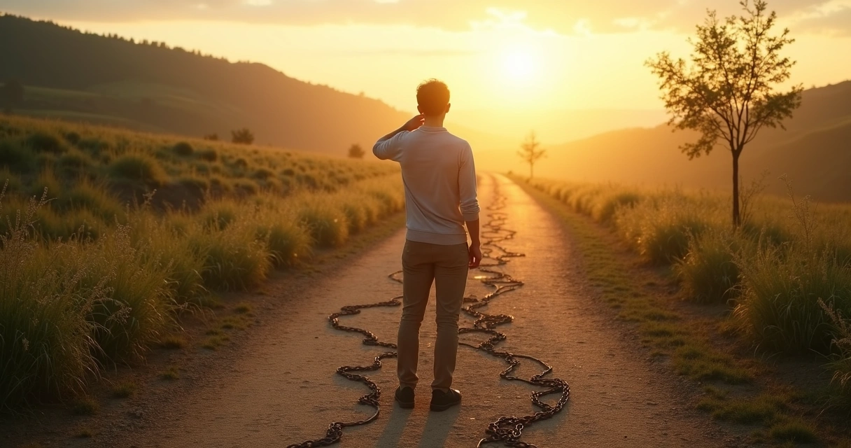 Persona reflexionando frente a un camino dividido que simboliza bloqueos emocionales 