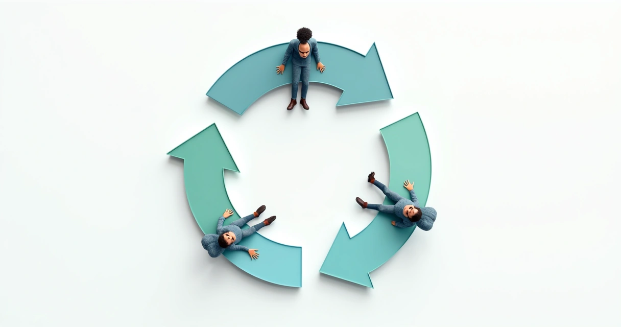 Ciclo representado por flechas con figuras humanas en emociones diferentes 