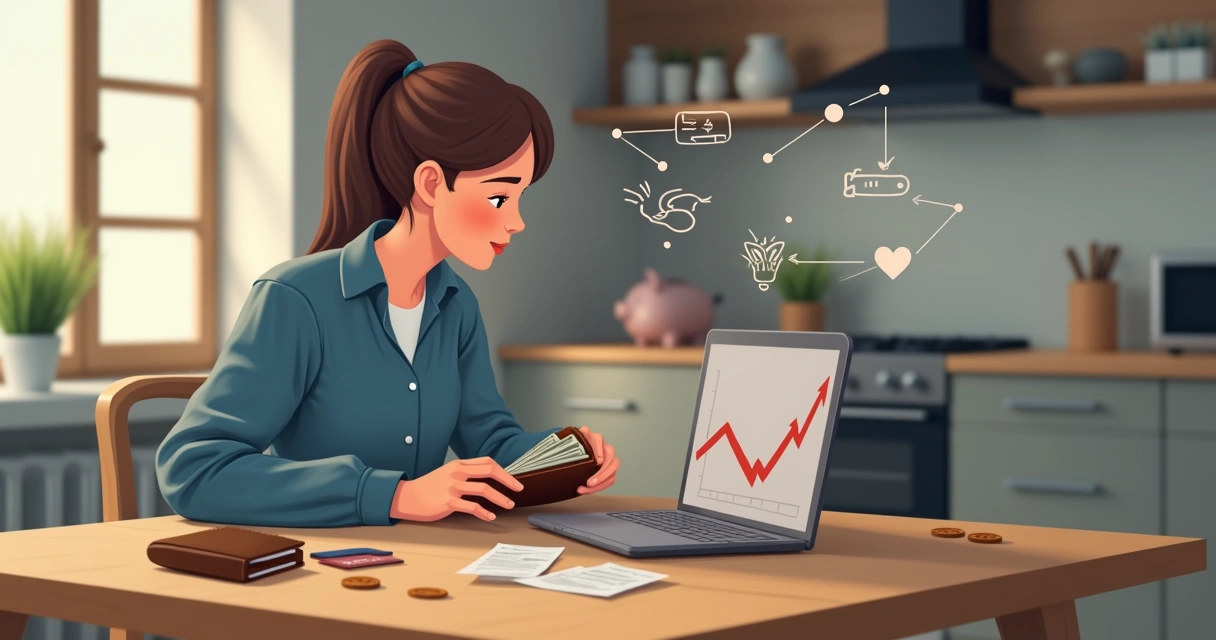 Persona observando su billetera vacía rodeada de símbolos emocionales y financieros 