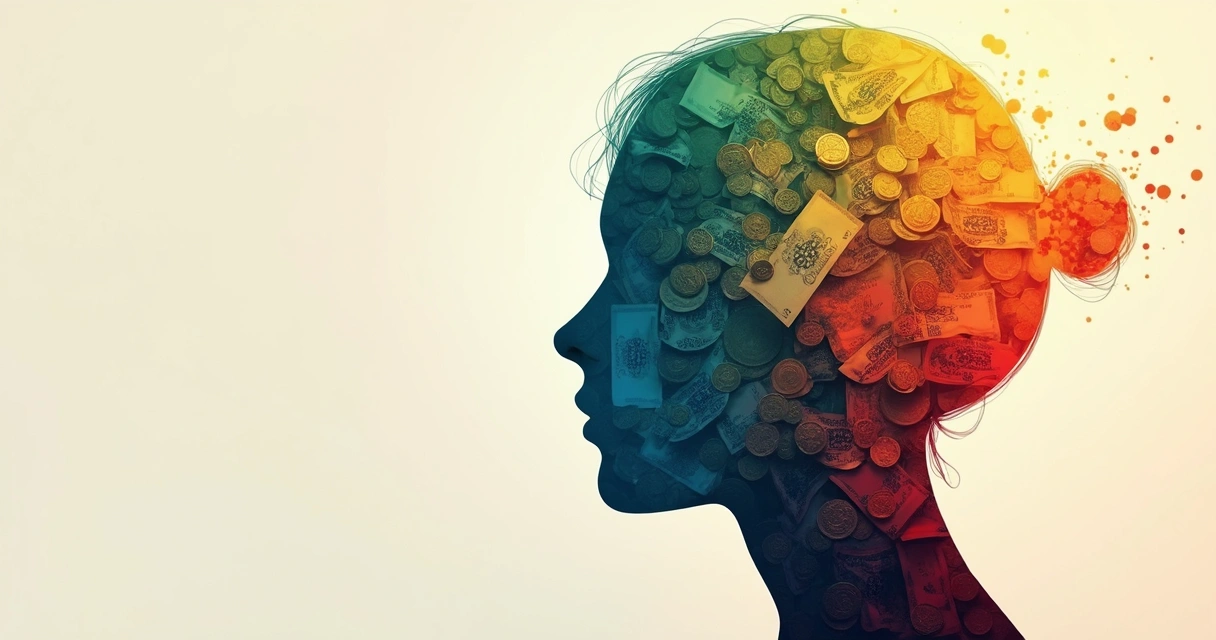 Gráfico de mente humana con emociones y billetes, representando la conexión entre emociones y dinero 