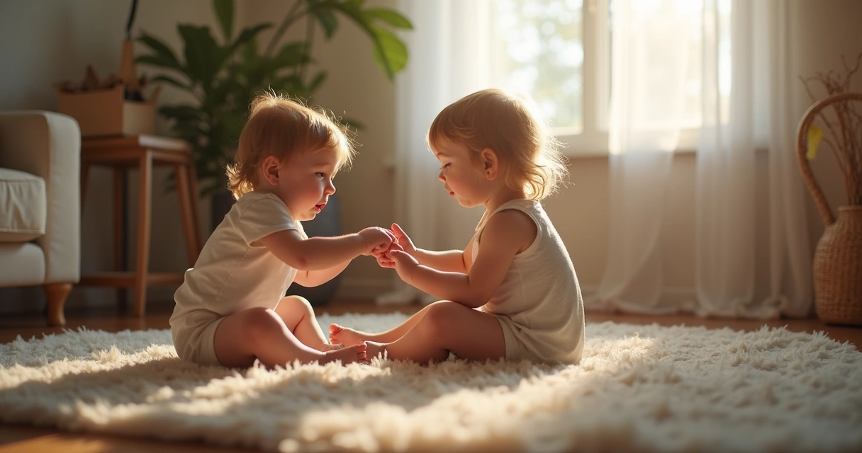 Niño y niña jugando en ambiente familiar con expresión neutral 