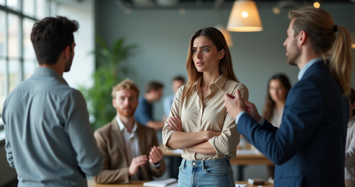 Oficina con empleados en gestos de emoción sutil 