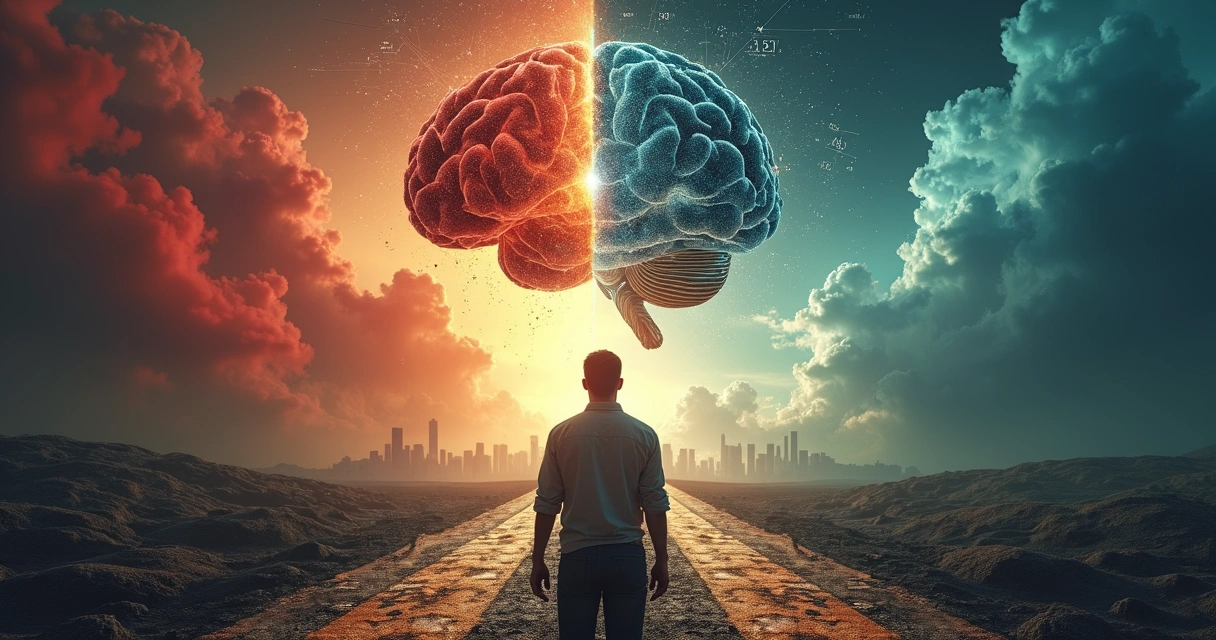 Persona frente a caminos divergentes mostrando conflicto interno al tomar riesgos 