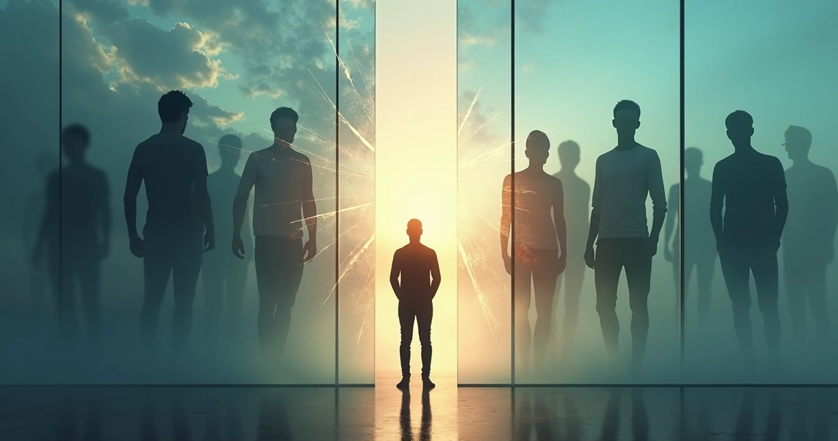 Persona observando siluetas emocionales fragmentadas frente a un paisaje dividido entre caos y calma 