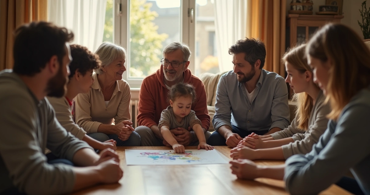 Grupo de personas de diferentes edades sentados en círculo, con expresiones reflexivas, mostrando una dinámica familiar