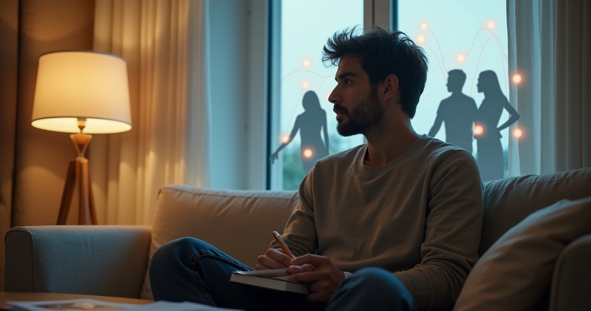 Persona adulta pensativa conectando decisiones actuales con patrones familiares en su mente 