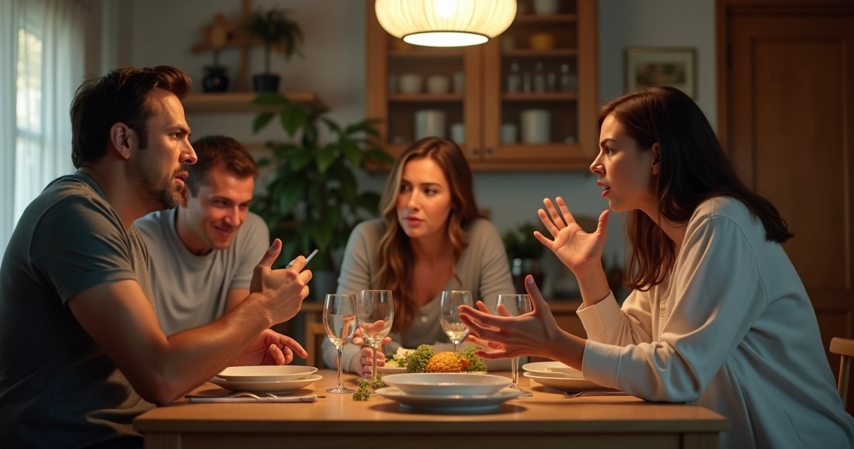 Familia sentada alrededor de una mesa, algunos discutiendo, otros en silencio mirando hacia abajo 