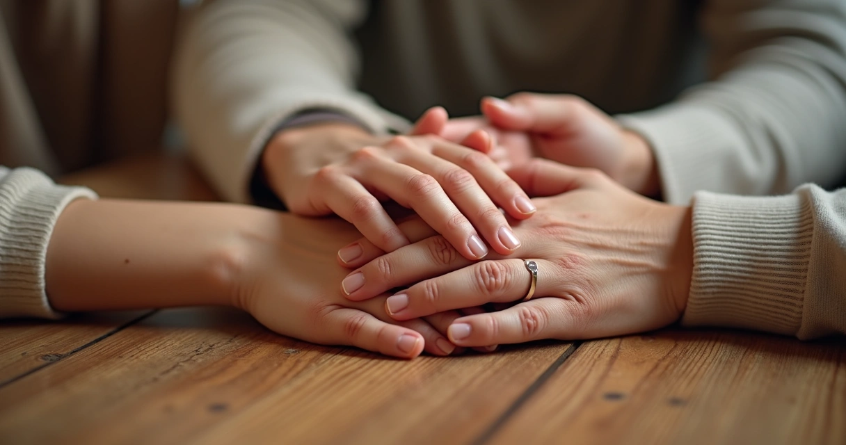 Manos de diferentes generaciones apoyadas una sobre otra en una mesa