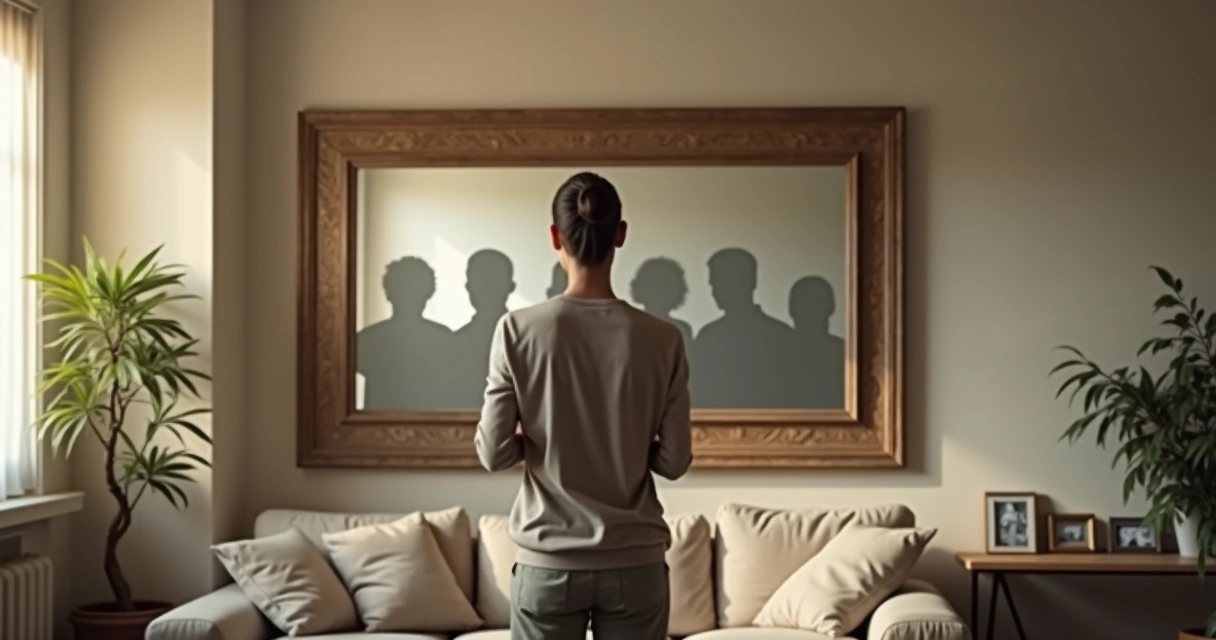 Adulto mirando su reflejo rodeado de siluetas familiares superpuestas 