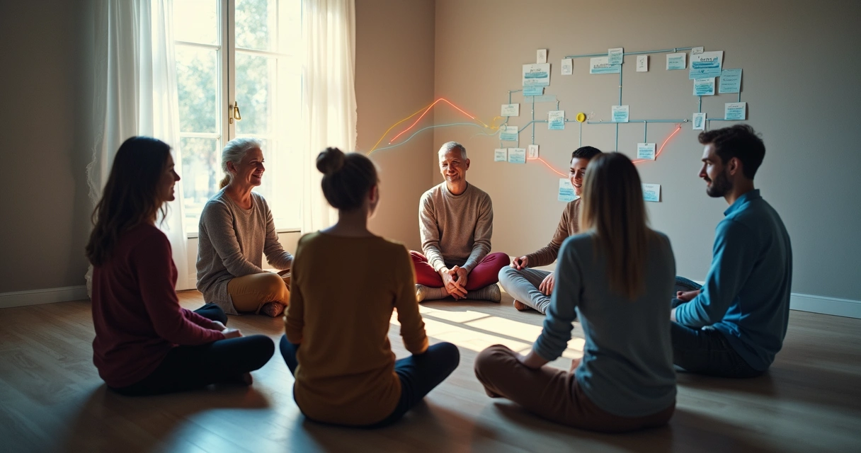 Diferentes personas sentadas en círculo, conectadas por líneas que simbolizan relaciones y fuerzas invisibles 