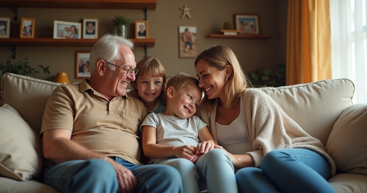Miembros de familia de diferentes generaciones sentados juntos en sala mientras comparten una charla animada y gesticulan. 