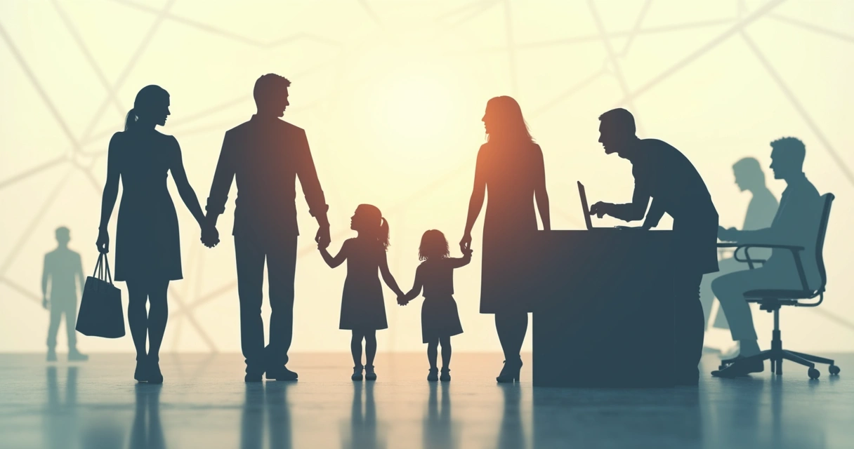 Ilustración de siluetas superpuestas de una familia y empleados de oficina para reflejar repetición de roles. 