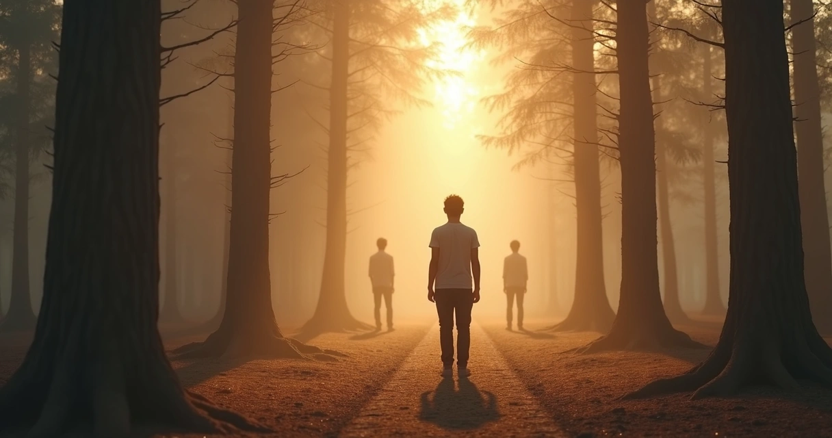 Persona reflexionando ante varias opciones y sombras de sí misma al fondo