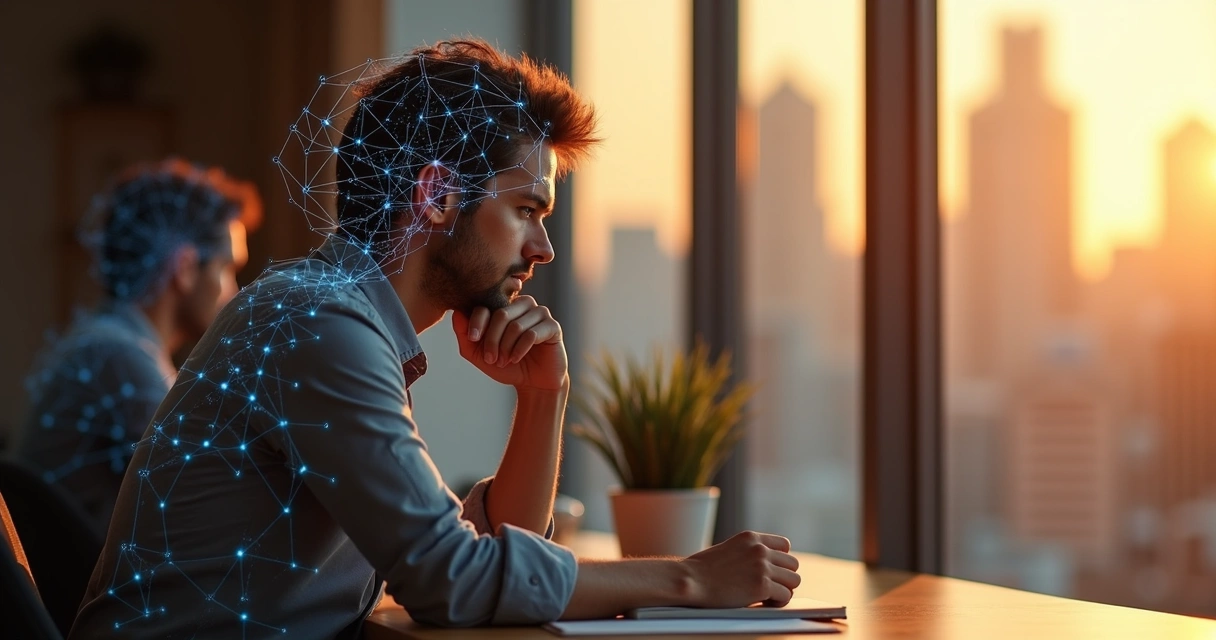 Persona pensativa con siluetas superpuestas que representan patrones inconscientes influyendo en sus decisiones 