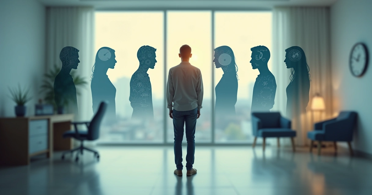 Persona observando siluetas de patrones mentales proyectados a su alrededor 