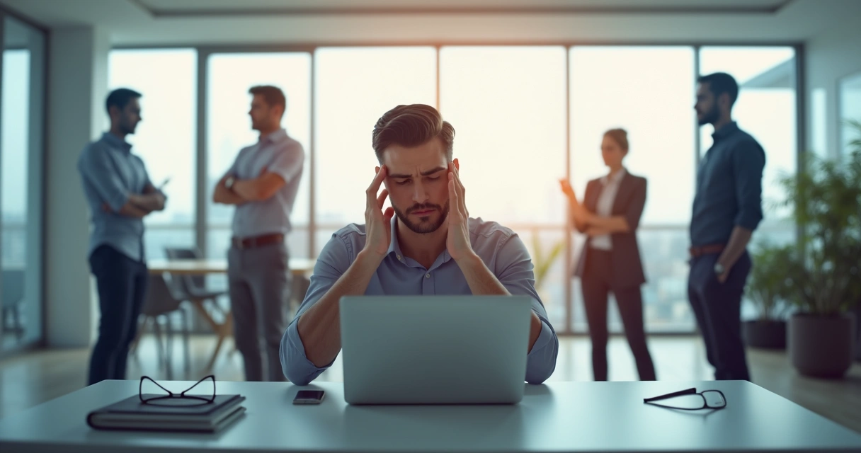 Profesional pensativo rodeado de siluetas difuminadas en una oficina moderna 