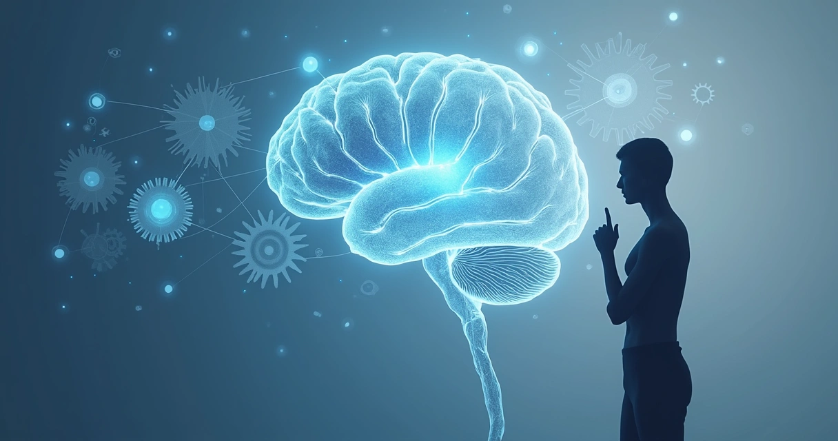 Cerebro humano con circuitos conectados y silueta de persona pensando