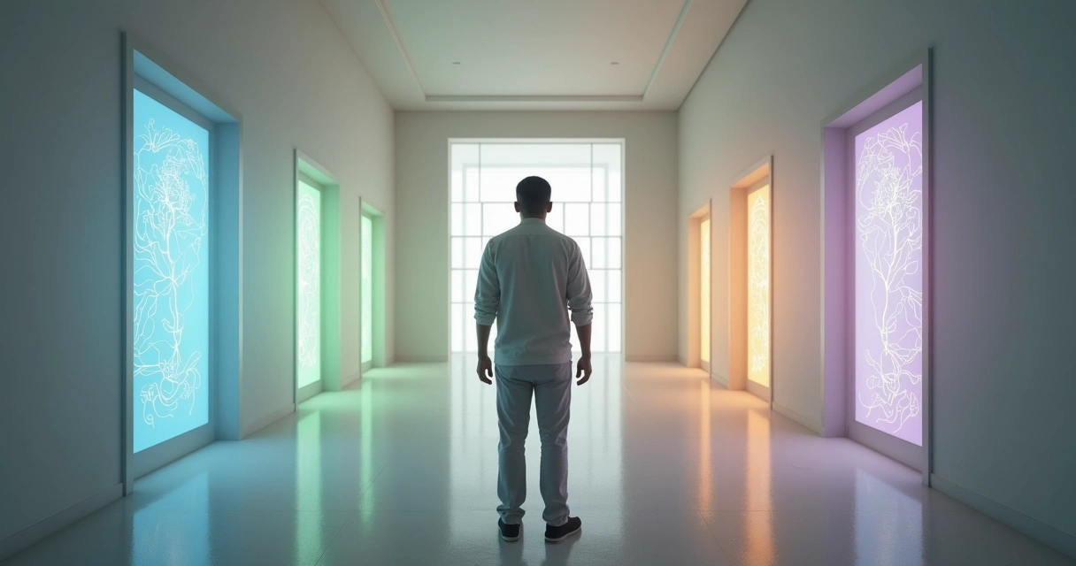 Persona frente a varias puertas simbolizando decisiones influenciadas por patrones inconscientes 