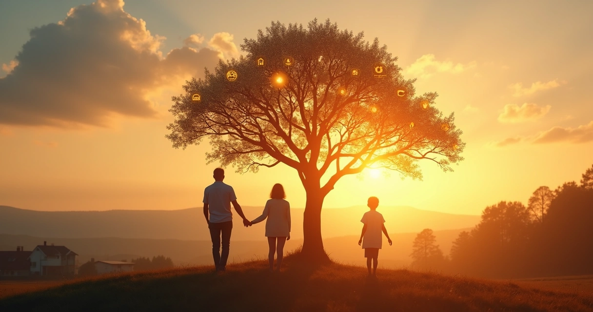 Tres generaciones de una misma familia unidas frente a un árbol con raíces luminosas 