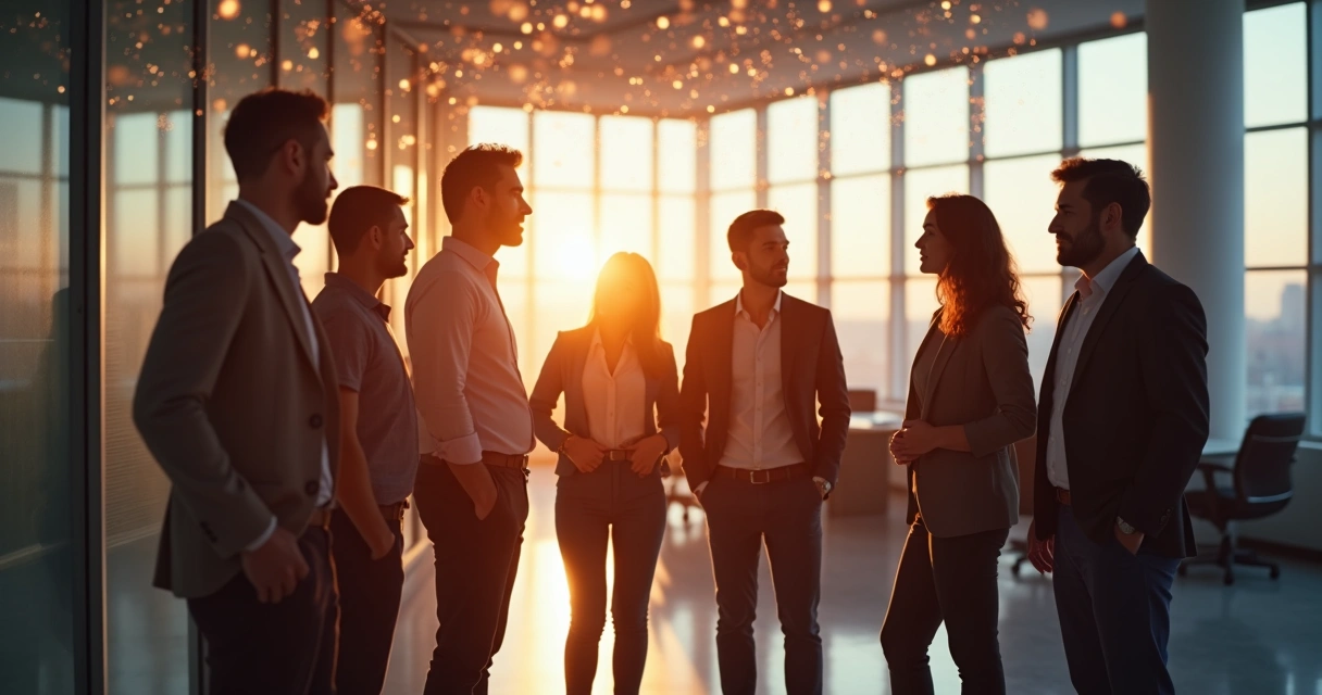 Ilustración de figuras conectadas por líneas invisibles en un entorno laboral