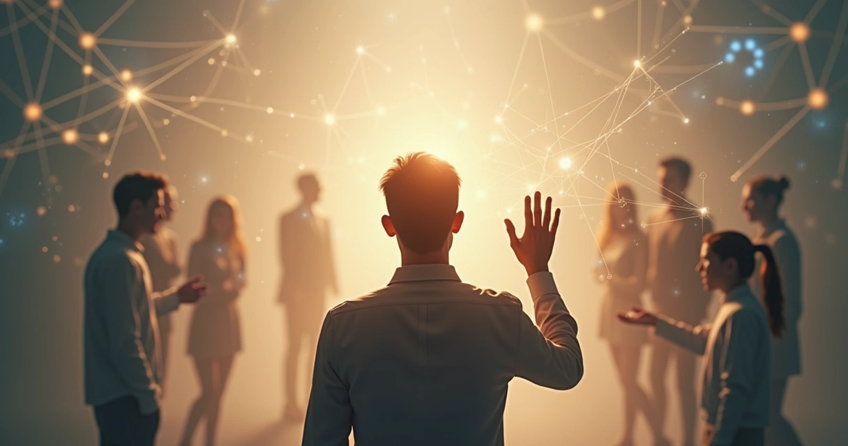 Persona observando hilos invisibles que conectan siluetas humanas 