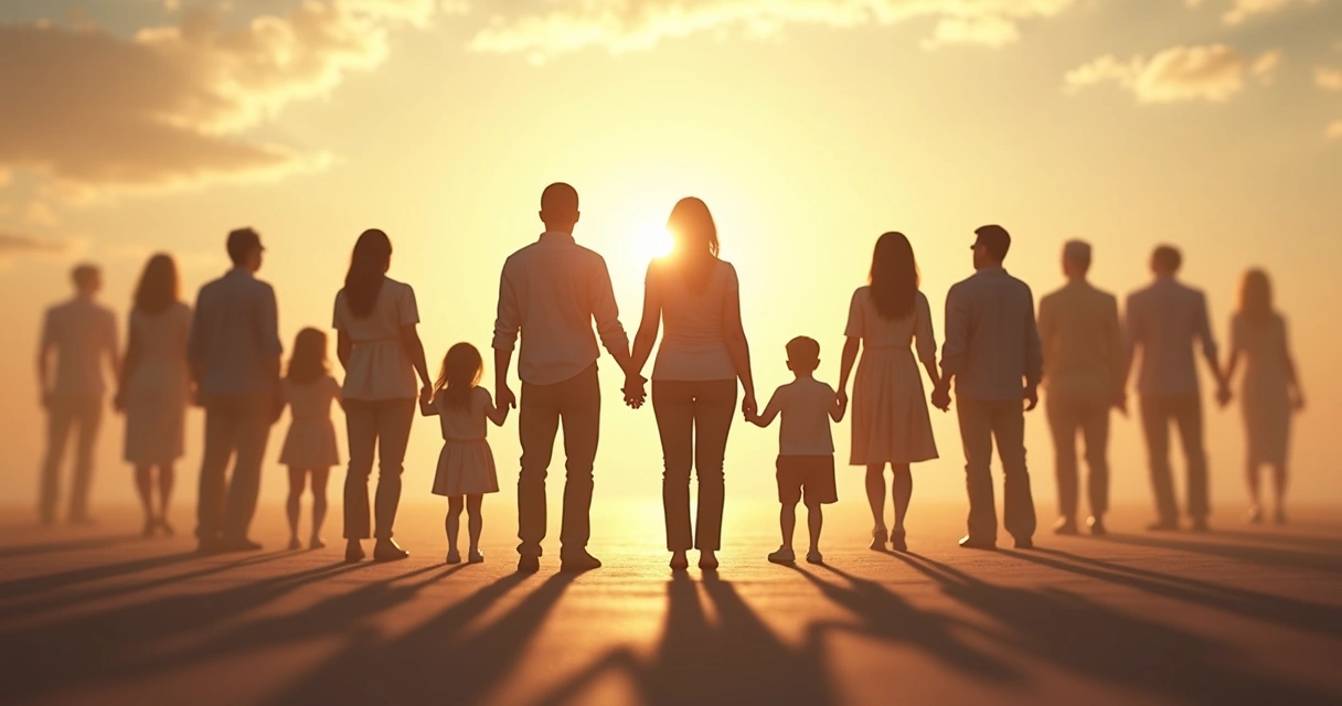 Personas enfrentadas en círculo con siluetas desenfocadas de figuras familiares de fondo 